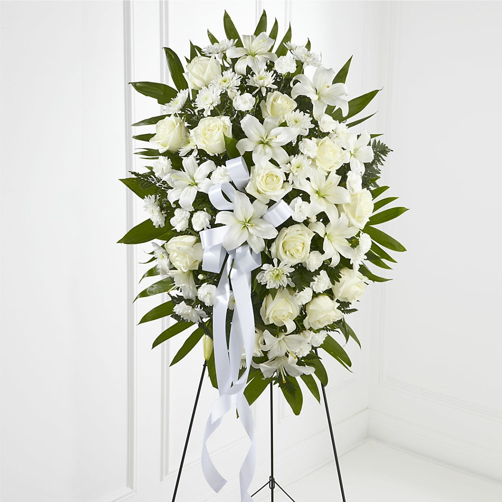 Exquisite Tribute Standing Spray-White Ribbon – HELEN'S FLOWERS LLC, Radcliff KY