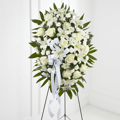 Exquisite Tribute Standing Spray-White Ribbon – HELEN'S FLOWERS LLC, Radcliff KY